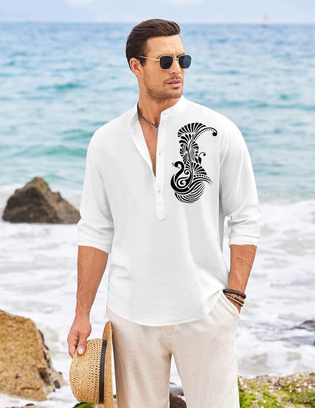 Image of FINIVO FASHION Men's Printed Cotton Blend Short Kurta with Artistic Chest Design | Stylish Full Sleeve Casual Kurta with Mandarin Collar for Daily, Travel Soft Textured