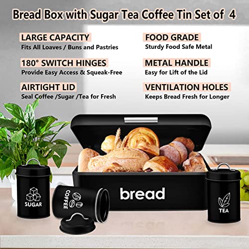 Teamfar Bread Box, Large Metal Bread Box With Sugar Tea Coffee Canister Set For Kitchen Countertop, Bread Tin For Loaves Muffins, Lifted Cover & Large Capacity- Black, (16.5’’ X 9’’ X 6.3’’) #TOP2