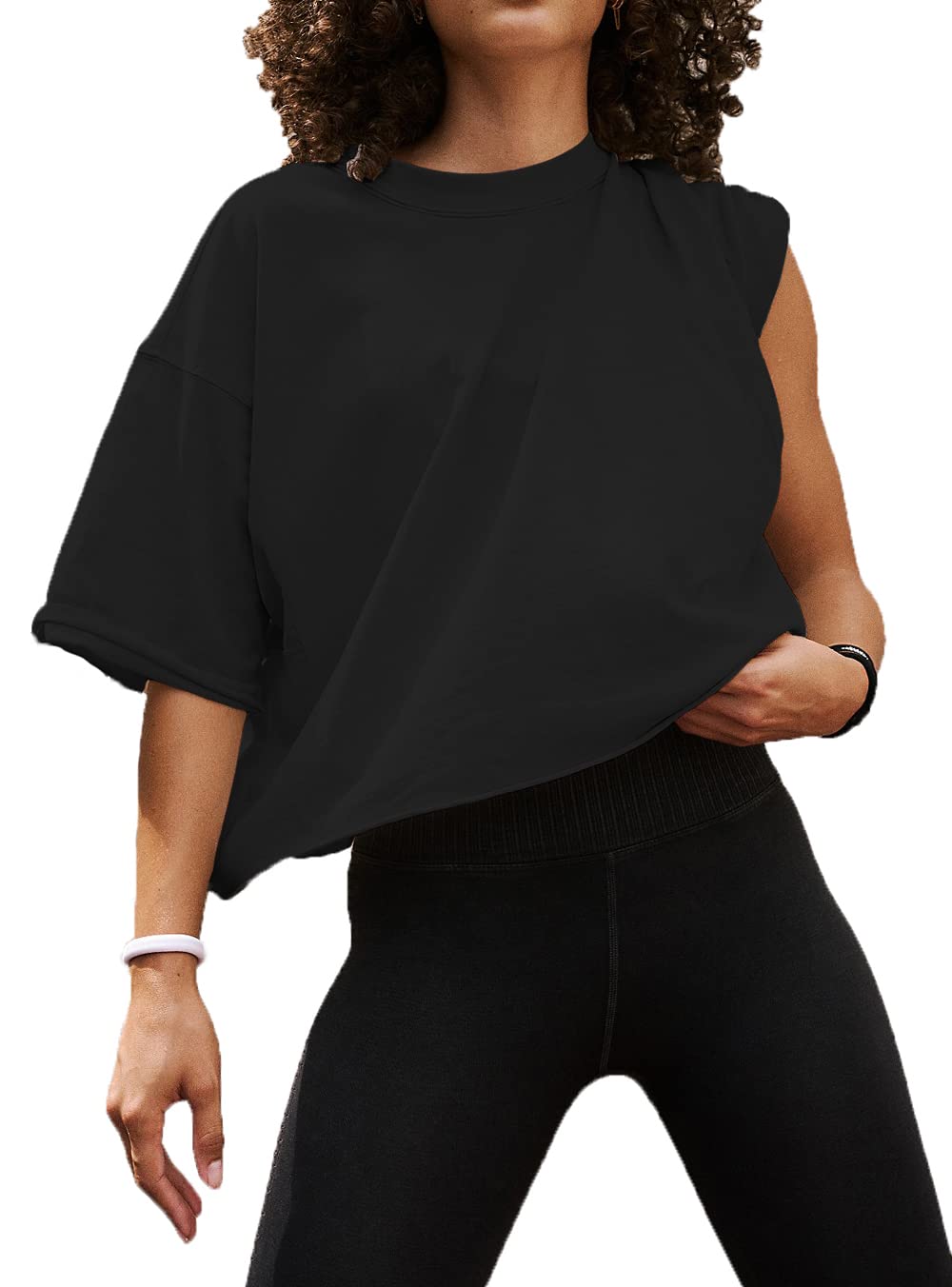 Women's Oversized Crop Tops Roll Hem Half Sleeve T-Shirts Drop Shoulder Casual Summer Tops