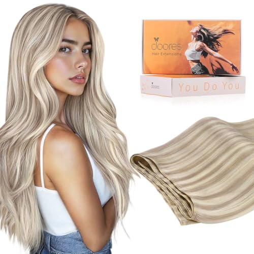 Image of DOORES Sew in Hair Extensions Real Human Hair, Honey Blonde Highlight Platinum Blonde 24 Inch 120g Hiand Tied Weft Natural Straight