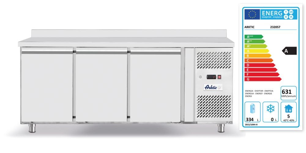 HENDI Mesa refrigerada Arktic de 3 puertas con 3 estantes ajustables para GN 1/1, -2/8°C, 420 L, descongelación automática, pantalla digital, 230V/400W, 1795x700x(H) 850 mm, acero inoxidable