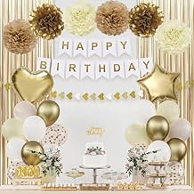 Gold Birthday Decorations for Women, Happy Birthday Party Decorations, Happy Birthday Banner, Gold White Sand Ivory Balloons, Tissue Paper Pompoms, Heart Garland, Party Decor for Girls