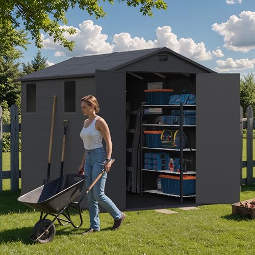 Image of Greesum 6x8FT Plastic Outdoor Storage Shed with Floor, Resin Sheds with Lockable Double Door, Tool Sheds with Window and Vents, for Backyard, Garden, Patio, Dark Gray