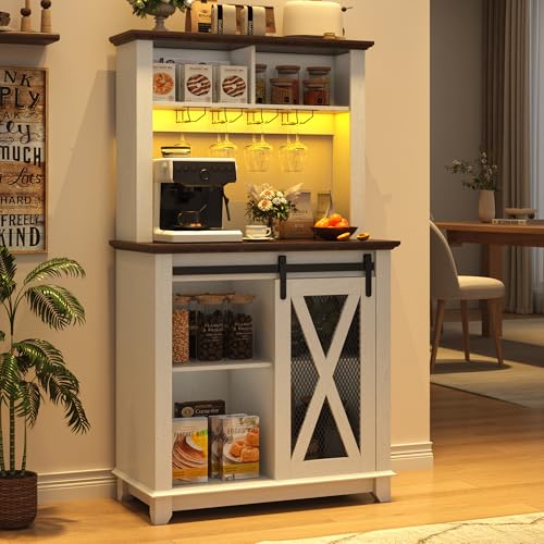 Image of 31.5 inchWide Farmhouse Coffee Bar Cabinet with LED Light,Wine Bar Cabinet w /2 Storage Hutch,Kitchen Buffet Cabinet w /Sliding Barn Door & Wine and Glass Racks for Kitchen Dining Room(Antique White)