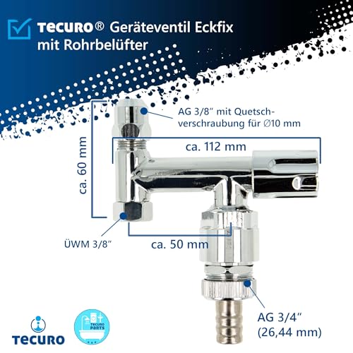 tecuro - Gerätezusatzventil Eckfix mit Rohrbelüfter, Anschluss Wasch- Spülmaschine, Messing, 3/4 x 3/8 Zoll, Rückflussverhinderer, Qu-Verschraubung