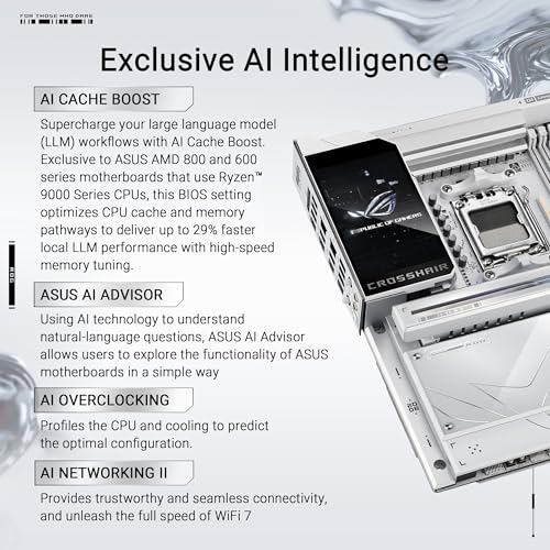Image of ASUS ROG Crosshair X870E Glacial AM5 E-ATX Motherboard, DDR5, DIMM Fit, WiFi 7, PCIe 5.0, 7X M.2, 2X 10Gb LAN, 5 inch LCD, AIO Q-Connector, AI Cache Boost