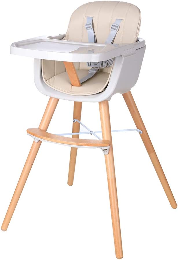 Foho Wooden High Chair, Perfect 3 in 1 Convertible Highchair with Cushion, Removable Tray, and Adjustable Legs for Baby & Toddler, Beige