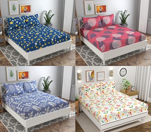 Image of HOMEKART Prime+ Double Bedsheet Combo Pack 4 Soft Brushed Microfiber, 120 TC | Long-Lasting, Wrinkle-Free, Fast Color & Easy to Maintain |220 x 218 cm for Double Bed | Pink & Blue & Yellow