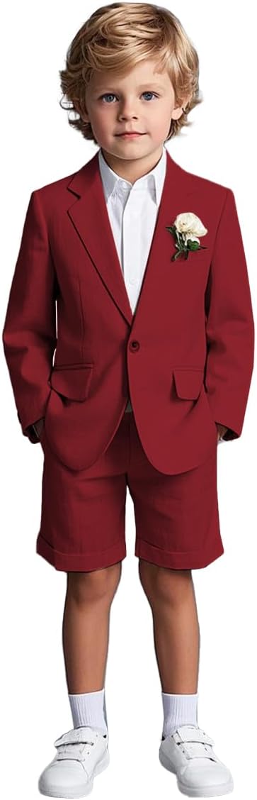 2 PC Boys Linen Suit One Button Blazer Short Pants Set for Summer Wedding Boys Formal Outfit