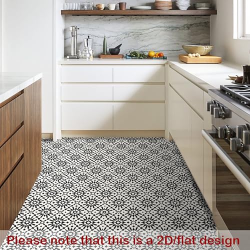 Image of Nuxovilar Peel and Stick Vinyl Floor Tiles, 12x12 Inch | Black & White Geometric Floral Pattern, Self-Adhesive Flooring (10 Pcs)