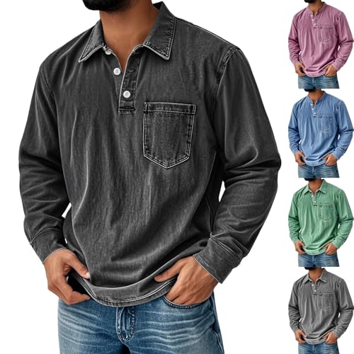 Mokaloha Mens Long Sleeve Shirts, Pacificozy Men's Retro Distressed Lapel Stand Collar Pocket Casual Long-Sleeved Shirt