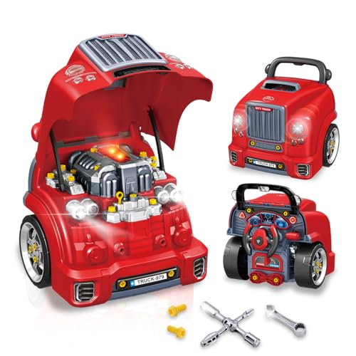 Playbees Red Truck Engine Repair Toy Kids Mechanic Repair Set with Tools Lights & Sounds Interactive Take-Apart Engine Builder Truck Great