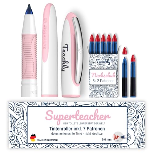 Teachly Superteacher Tintenroller - Nachfüllbarer Lehrerstift für Schule & Uni (Rosé) - Inkl. 7 Tintenpatronen (Rot)