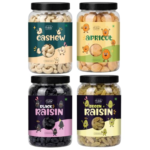 Image of LILA DRY FRUITS Dry Fruits Combo Pack of Cashews, Black Raisins, Green Raisins & Apricots 100 Gms x 4 Assorted Dry Fruits Mix for Healthy Snacking Perfect for Gifting