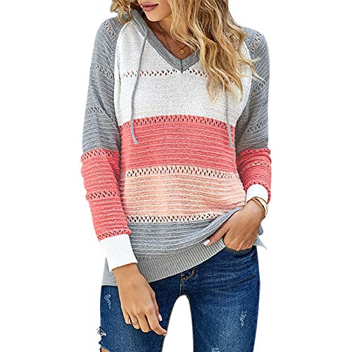 AGUTIUN Womens Pullover Hoodie Sweaters Color Block Long Sleeve Knitted Pullover Sweatshirts Lounge Hoodie Tops Grey