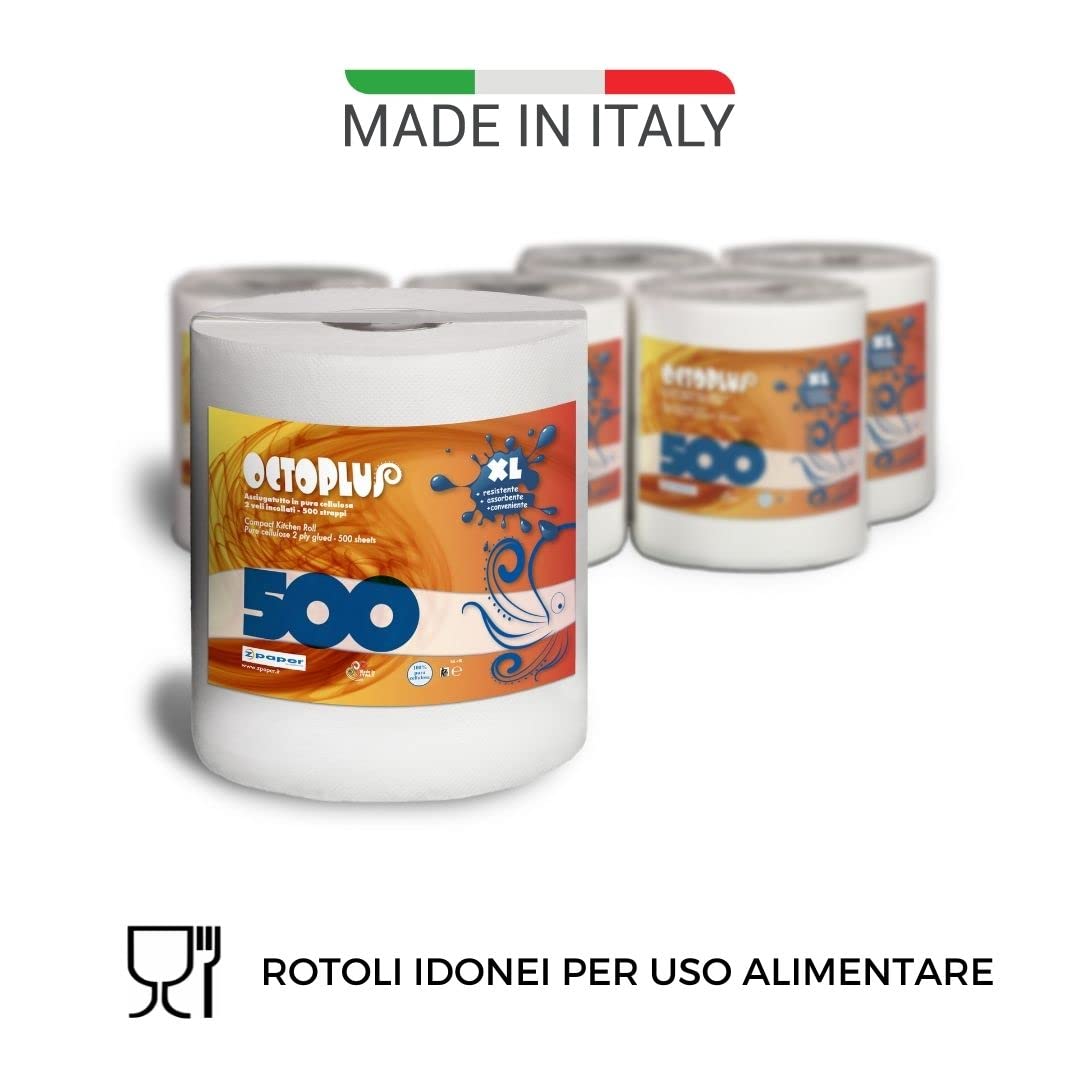 ZPAPER - 6 Monorotoli OCTOPLUS - Rotoli Bobine Asciugatutto 500 strappi con Maniglia carta 100% Pura Cellulosa Bobine 2 Veli. Scatolati