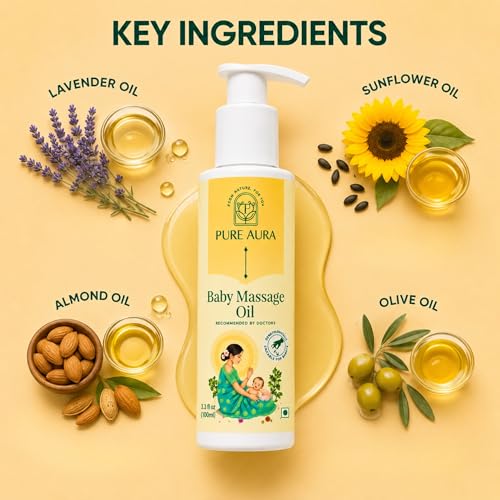 Image of Pure Aura Baby Massage Oil 100ml - Doctor Recommended 100% Natural Ayurvedic Baby Oil for Newborns & Kids | Chemical-Free Skin & Hair Nourishing Care