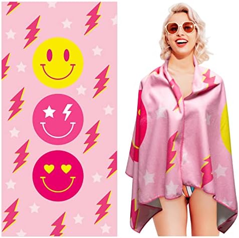 Pink Preppy Beach Towel for Girls Y2K Smile Face Microfiber Pool Towel Soft Microfiber Pool Towel Summer Quick Dry Beach Towel Sand Free Blanket for Bath Sports Travel Swimming Camping, 30 x 60 inch