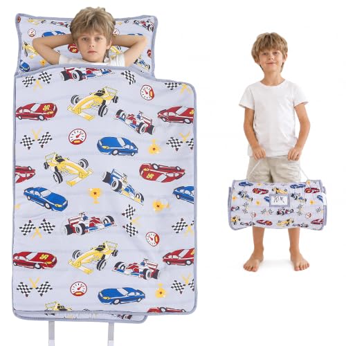 Image of Viviland Toddler Kid Nap Mat for Preschool, Boys Grey Race Car Slumber Bag, Daycare Sleeping Bag with Pillow and Blanket, Kindergarten Sleep Mat