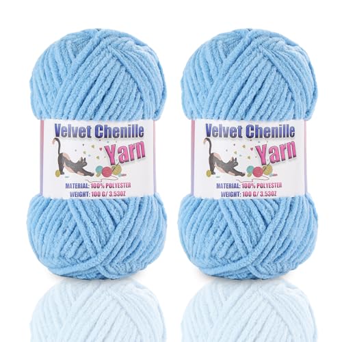Image of 2 * 100g /3.5oz Fluffy Chenille Yarn for Crocheting, Chunky Velvet Yarn for Crochet Amigurumi, Used for Making Baby Yarns Blanket, Clothes, Pattern Knitting Creations (Bule)