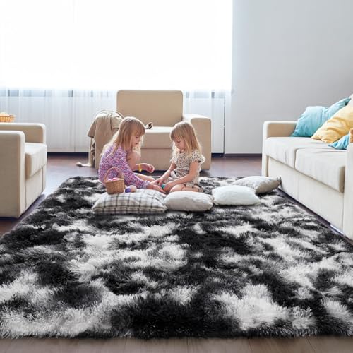 KING DARE 8x10 Black and White Area Rugs, Soft Plush Shaggy Fuzzy Furry Large Rug for Living Room, Anti-Slip Washable Modern Big Floor Carpet for Bedroom Home Decor Aesthetic