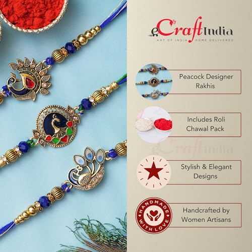 Image of eCraftIndia Set of 3 Peacock Designer Rakhis, Best Bro Ever Fridge Magnet with Roli Chawal Pack - Rakhis for Brother, Bhabhi, Kids