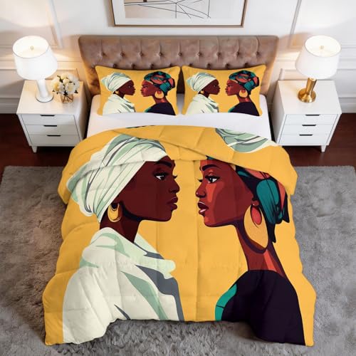 CozyRest Edredon Belleza Africana Reina Negra Cama 105, 1 Suave Edredon 200x200 cm + 2 Fundas 50x70cm - Relleno Nordico Poliéster Suave y Calentador, Estampado Bicolor Reversible Amarillo Mostaza
