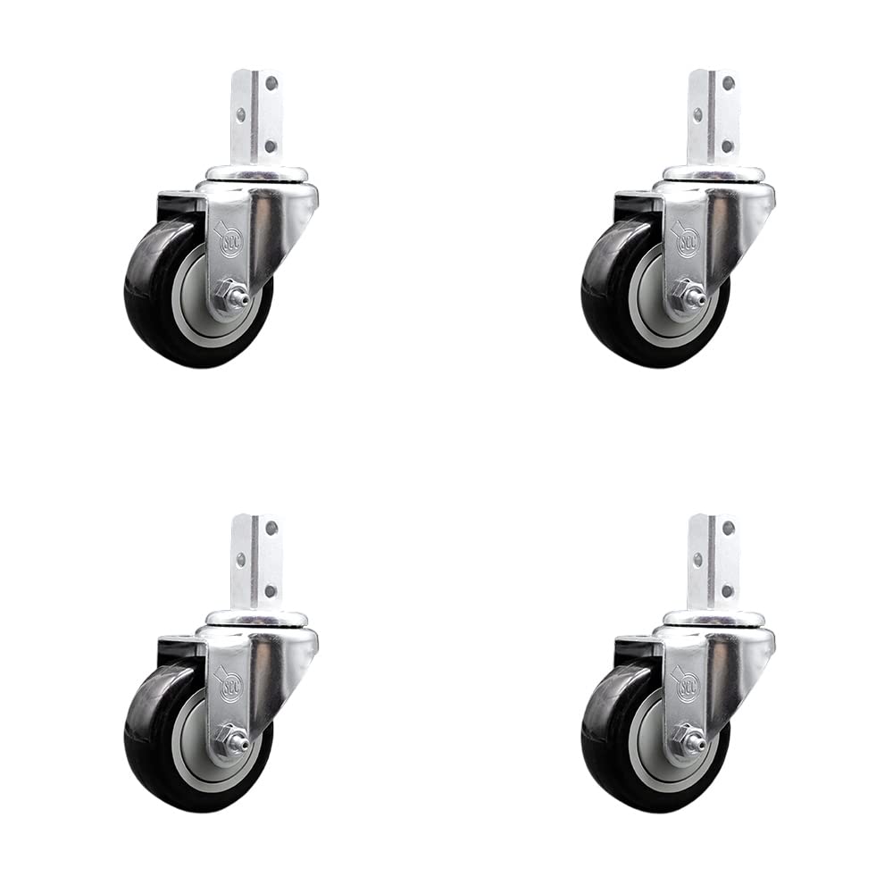 Swivel Square Stem Caster Set 4 w/3.5” x 1.25” Black Polyurethane Wheel - 7/8” x 2” Square Stem with (3) 17/64” Diameter Mounting Holes - Includes 4 Swivel-1200 lbs. Cpty/Caster - Service Caster Brand