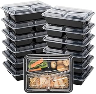 Party Warehouse 25 x Black Plastic 3 Compartment Containers with Clear Lids Microwave and Freezer Safe- Ideal for Meal Prep- 25 Food Trays with 25 Lids