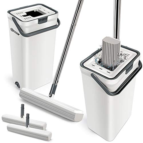 Masthome Fregona de Esponja y Cubo Escurridor Con Sistema de 2 Compartimientos,Cubo Fregona con 3 Cabezal de Recambio de Fregona de Esponja,Para Hogar,Oficina,Todo Tipo de Superficies