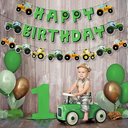 Image of SUNBEAUTY Green Tractor Happy Birthday Banner Set with Tractor Garland Banner for Tractor Farm Themed Birthday Party Supplies Decorations | Pre-Strung