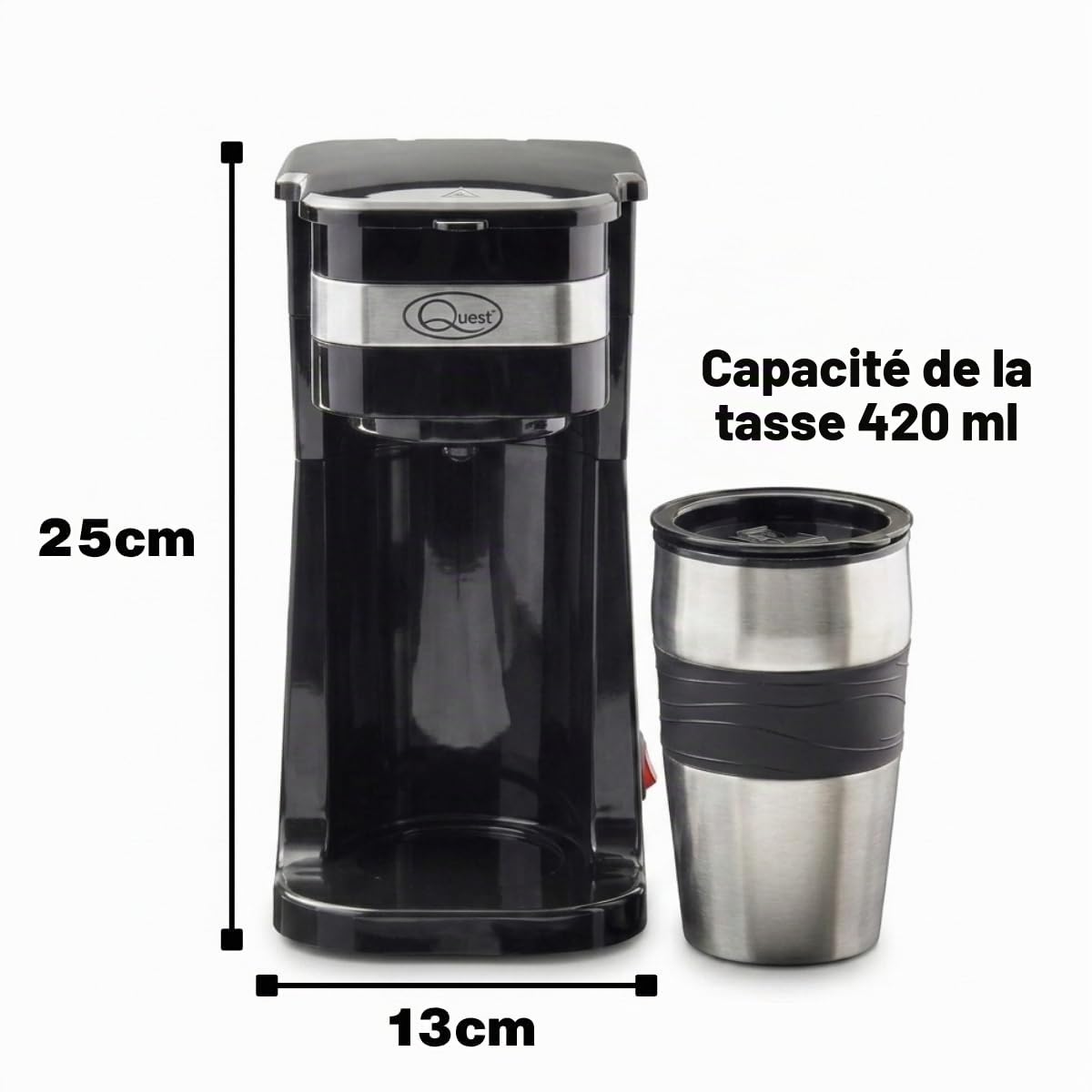 Quest 35189 Machine à café filtrante portable avec filtre de voyage, capacité de 420 ml, tasse de voyage thermique incluse, fonctionne avec les dosettes de café moulu et de café, expresso instantané