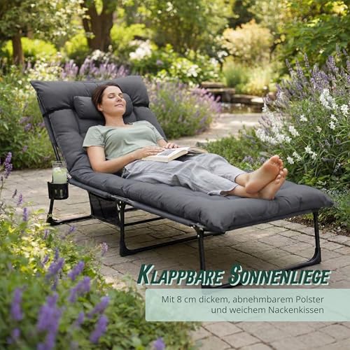 Relaxdays Campingbett klappbar, Matratze, Nackenkissen, Handyhalter, bis 250 kg, HBT: 26x190x72 cm, Feldbett, grau