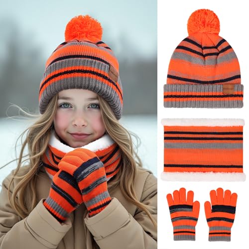 Image of Kids Winter Hat Gloves Scarf Set: Girls Boys Beanie Fleece Lined Ages 6-10