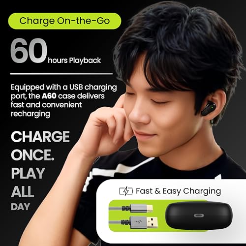 Image of E GATE A60 Gaming Earbuds with 60 Hrs Playtime, Quad Mic ENC,Touch Control, Low Latency, BT v5.3 Bluetooth Ear Buds with Voice Assistant, 10mm Bass Dynamic Driver, Water Resitant Wireless Earphones