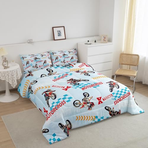 Image of Feelyou Kids Dirt Bike Bedding Set Queen Size, Motocross Duvet Insert Extreme Sports Comforter Set Boys Girls Teens Bedroom Decor with 2 Pillow Case