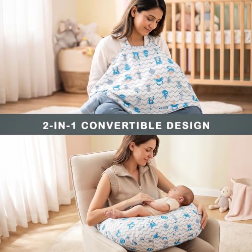 Image of BAYBEE Feeding Pillow for New Born Baby with Foldable Breastfeeding Cover | Feeding Cover for Nursing Mom with Adjustable Velcro & Back Support | Nursing Pillow with Removable & Washable (White Blue)