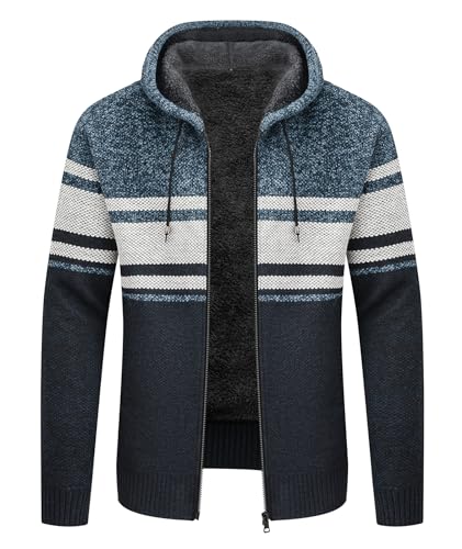 Image of LLdress Mens Knit Cardigan Sweaters Sherpa Lined Full Zip Hoodie With Pockets