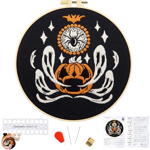 Image of Halloween Embroidery Kits for Beginners Adults, Ghost Embroidery Starter Kits, Halloween Cross Stitch Kits for Beginners Adults Hobbies for Women, Embroidery Fabric, Threads, Hoops and Video Tutorial