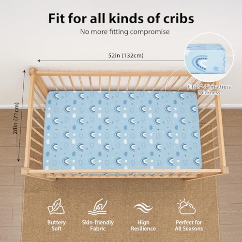 Image of Baby Crib Sheets for Boys and Girls, 3 Pack Toddler Bed Sheets for 52 inchx28 inch Standard Toddler Mattresses, Soft Microfiber Fitted Crib Sheets Neutral Blue Cloud Animals