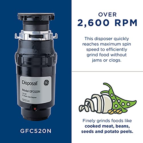 GE Disposall Continuous Feed 1/2 Horsepower Motor Garbage Disposer, Good for Grinding: Cooked Meat, Beans, & Seeds, Easy Install Kit, Non-Corded, Recommended for 2-4 Person Homes, GFC520N by GE - Image 3