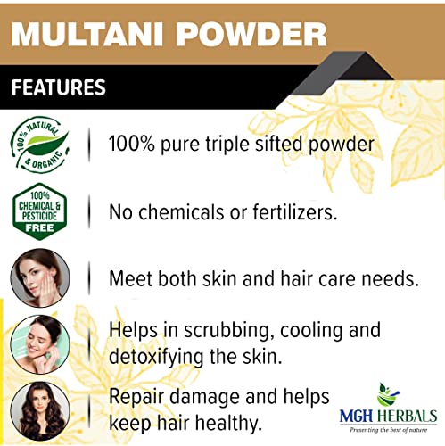 Image of MGH Herbals Multani Mitti Powder (200g) For Black Head Removal, Oil Control, Naturally Glowing Skin, Acne, Pimples, Tan Removal, Dandruff | Fuller's Earth Face Pack | Bentonite Clay Mask, 200gm