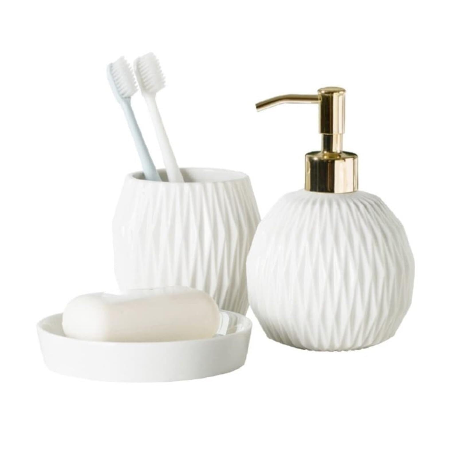 Distributeur de savon en céramique blanche et accessoires de bain chics effet bord de mer