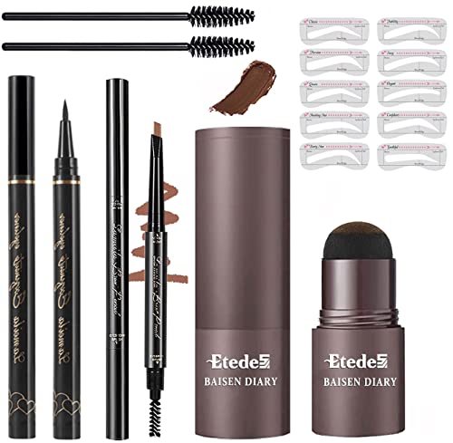 Eyebrow Powder, Eyebrow Tattoo Pencil with Eyebrow Brushes, long Lasting Waterproof 10 Reusable Eyebrow Stencil 3pcs (Light Brown/Black)