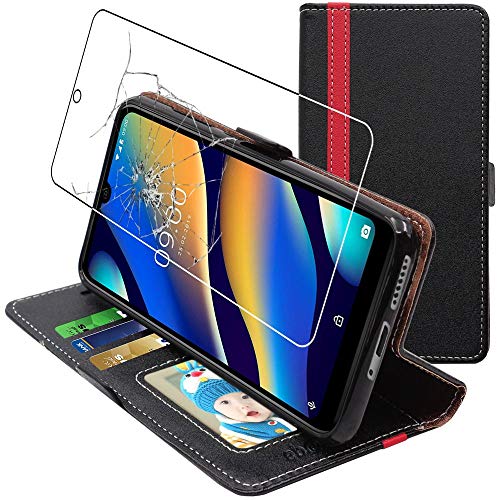 ebestStar - Coque pour Wiko View3 Lite (2019), Etui Portefeuille Protection, Housse Pochette PU Cuir Porte Carte, Noir/Rouge + Verre Trempé