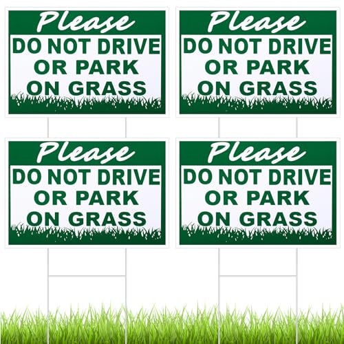 Soaoo 4 Pcs Please Do Not Drive or Park on Grass Yard Sign 8 x 12 Inch Waterproof Double Sided No Parking Keep off Grass Sign with Metal Wire H Stakes for Yard Stay off