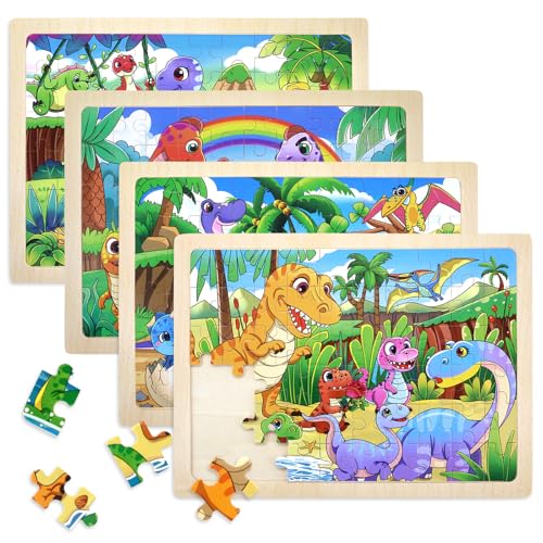 Puzzle Dinosaurio de Madera Niños 3 4 5 6 Años, 4×60 Piezas Puzzle Dinosaurios, Juguetes Educativos Preescolares Regalos
