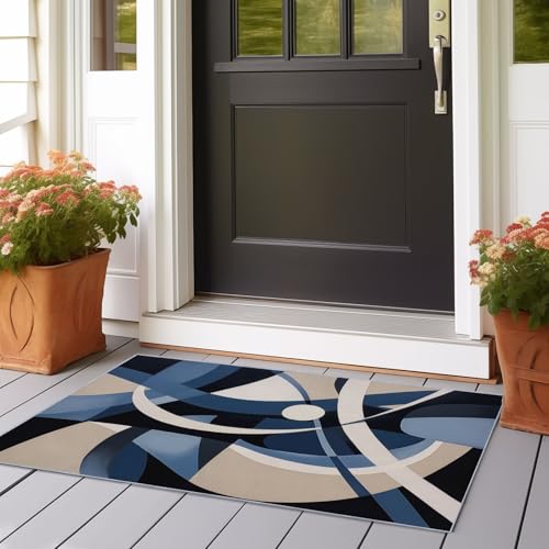 Alfombra Pasillo Larga Geometría Curvas Dinamismo Alfombra Cocina Lavable Antideslizante Alfombras de Pasillo 60x210 cm para Pasillo Cocina Entrada Habitacion Azul Marino Beige