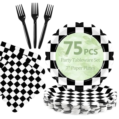 Mulbozy 75 Black Checkered Plates and Napkins Disposable Set Includes 25 Dessert Cake Scalloped Plates Cocktail Napkins & Forks for Fork 25 Guests Holiday Party Supplies.