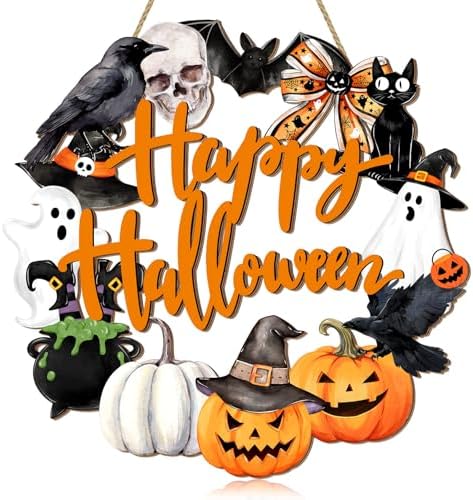 Happy Halloween Wood Wreath Ghost Black Cat Pumpkin Skull Door Ha...